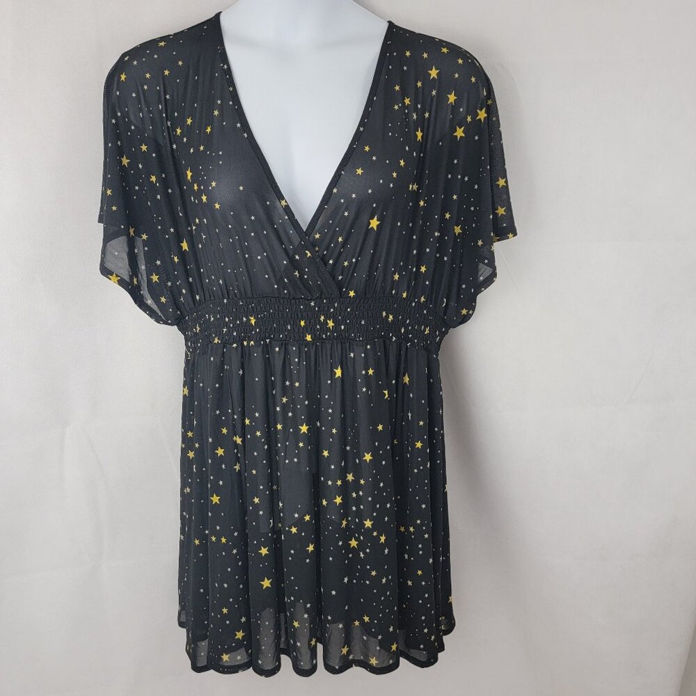 TORRID Womens 2X Plus Mesh Smock Waist Cover Up Dress BLACK Star Starry